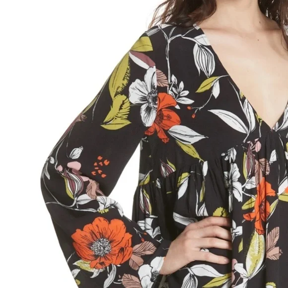 Free People Bella Floral Print V Neck Bell Sleeve Tunic Top Dress XS - Picture 6 of 10